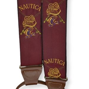 Vintage Nautica Men's Fly Fishing Print Burgundy Maroon Brown Suspenders.